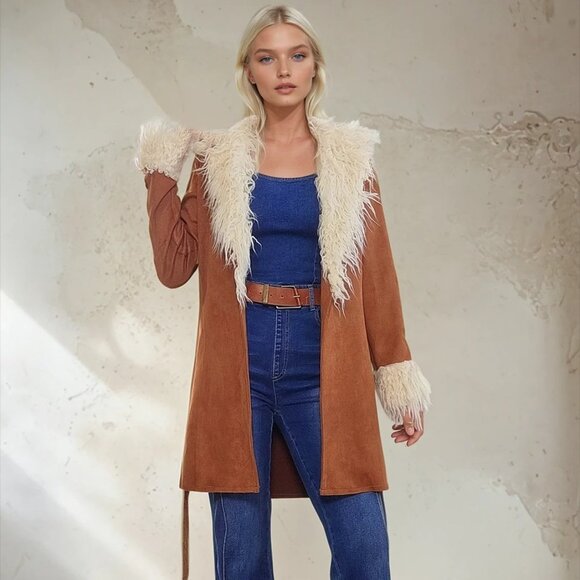 Boho Penny Lane Faux Suede Fur Trim Coat 🧥 | Lightweight | Festival Western Vib - Picture 3 of 3